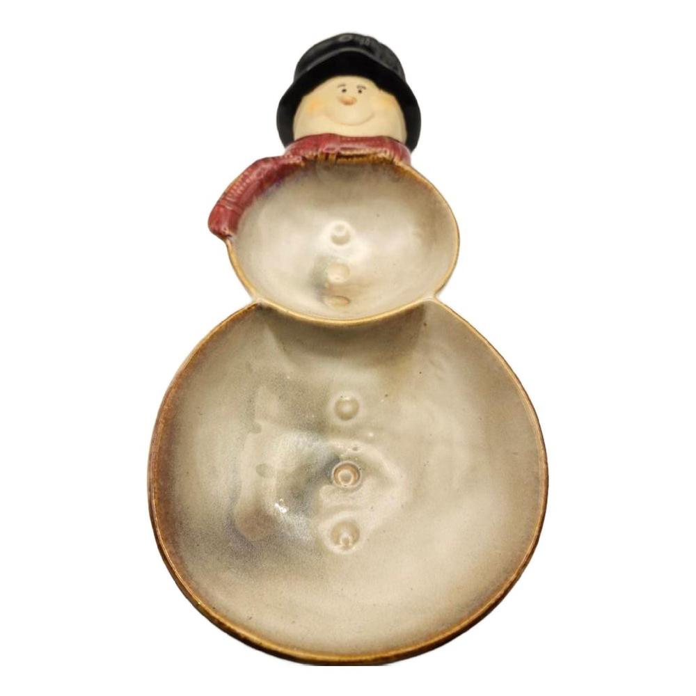 Vintage Stoneware Pottery Snowman Christmas Dish, 10" Long